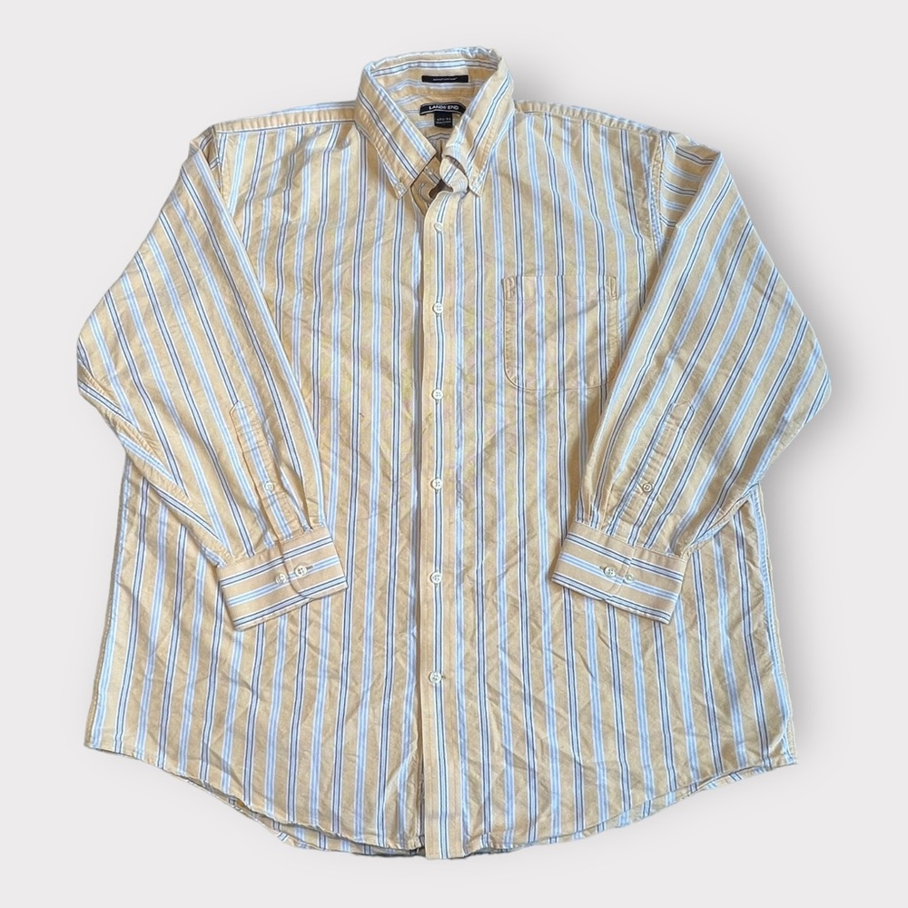 Lands' End Button Shirt Supima Hyde Park Vertical Stripe Yellow Blue Men Sz L